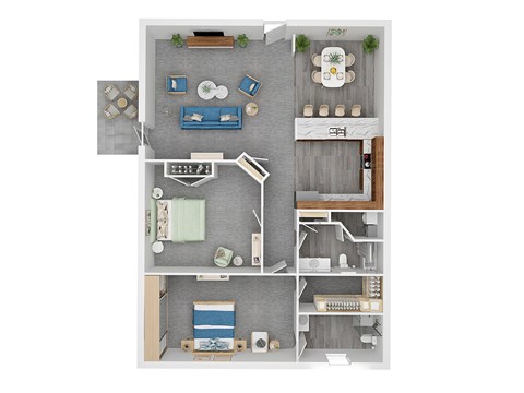 A floor plan of a small apartment with a kitchen, living room, and bathroom.